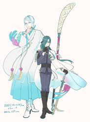 Rule 34 | 10s, 2boys, bad id, bad twitter id, blue hair, boots, cape, cross-laced footwear, eyeliner, finger to own chin, green hair, hair over one eye, height difference, holding, holding weapon, japanese clothes, kijinoido, long hair, makeup, male focus, multiple boys, musical touken ranbu, naginata, nikkari aoe, polearm, see-through, sheath, sheathed, smile, sword, tomoegata naginata, touken ranbu, uchigatana, weapon, yellow eyes