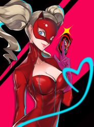 Rule 34 | 1girl, blonde hair, blue eyes, bodysuit, breasts, calling card, cat mask, cleavage, earrings, gloves, heart, highres, jewelry, latex, latex bodysuit, looking at viewer, mask, persona, persona 5, pink gloves, smile, solo, takamaki anne, twintails, wanderstill