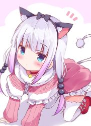 Rule 34 | 10s, 1girl, all fours, animal ears, beads, black bow, black hairband, blue eyes, blunt bangs, blush, bow, capelet, cat ears, commentary request, dragon girl, dragon tail, dress, fake animal ears, female focus, hair beads, hair bow, hair ornament, hairband, highres, hyurasan, kanna kamui, kobayashi-san chi no maidragon, long hair, looking at viewer, monster girl, silver hair, solo, tail, thighhighs, twintails, white thighhighs