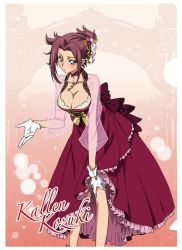 Rule 34 | 1girl, blue eyes, blush, breasts, cleavage, code geass, dress, gloves, hair ornament, kouzuki kallen, large breasts, official art, red dress, red hair, simple background, solo, white gloves