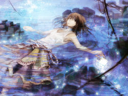 Rule 34 | 1girl, afloat, bad id, bad pixiv id, brick, brown eyes, brown hair, cable, lantern, lights, looking at viewer, original, partially submerged, ripples, short hair, skirt, solo, water, wet, wet clothes, wet hair, yoshidaworks