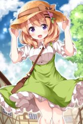 1girl :d arms_up bag blush breasts brown_bag buttons cloud collared_shirt commentary cowboy_shot day dress flower frilled_dress frills gochuumon_wa_usagi_desu_ka? green_dress hair_flower hair_ornament hairclip hands_on_headwear highres hoto_cocoa looking_at_viewer medium_breasts medium_hair open_mouth orange_hair outdoors pinafore_dress purple_eyes ruu_(tksymkw) shirt short_sleeves shoulder_bag sleeveless sleeveless_dress smile solo white_shirt