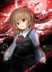 Rule 34 | 1girl, blonde hair, darkness, embodiment of scarlet devil, ex-rumia, fang, female focus, hair ribbon, highres, is that so, open mouth, red eyes, ribbon, rumia, shinonome ukyu, short hair, solo, touhou, weapon