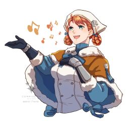 Rule 34 | 1girl, :d, annette fantine dominic, blue gloves, breasts, capelet, commentary, cropped torso, dress, fire emblem, fire emblem: three houses, fire emblem warriors: three hopes, gloves, green eyes, head scarf, highres, medium breasts, musical note, nintendo, open mouth, orange capelet, orange hair, short hair, sierra117renner, simple background, smile, solo, upper body, white background, white dress