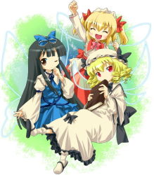 Rule 34 | 3girls, ^ ^, apron, black hair, blonde hair, bobby socks, book, bow, brown eyes, cheering, closed eyes, drill hair, closed eyes, fairy wings, female focus, hair bow, hand on own face, hat, holding, holding book, long hair, long skirt, looking at viewer, luna child, michii yuuki, multiple girls, one eye closed, perfect memento in strict sense, red eyes, ribbon, shoe dangle, short hair, skirt, slippers, smile, socks, star sapphire, sunny milk, touhou, very long hair, wings