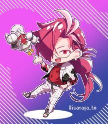 Rule 34 | 1boy, belt, black belt, chibi, ear piercing, fate/grand order, fate (series), glasses, gradient background, hair ornament, hair over one eye, iwanaga tm, long hair, male focus, open mouth, pants, piercing, pink hair, ponytail, red shirt, robot, sandals, shirt, sleeves past elbows, solo, standing, standing on one leg, takasugi shinsaku (fate), twitter username, white pants, x hair ornament