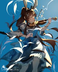 Rule 34 | 1girl, absurdres, amiya (arknights), animal ears, arknights, blue background, bow (music), brown hair, closed eyes, closed mouth, commentary request, dated, dress, facing viewer, feet out of frame, highres, holding, holding bow (music), holding instrument, holding violin, instrument, long hair, long sleeves, music, playing instrument, ponytail, puffy long sleeves, puffy sleeves, rabbit ears, signature, solo, standing, thighhighs, tiara, very long hair, violin, white dress, white thighhighs, wide sleeves, zizizilang