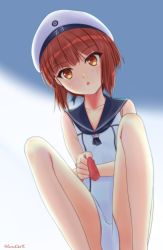 Rule 34 | 1girl, absurdres, blue sailor collar, brown eyes, brown hair, clothes writing, commentary request, dress, feet out of frame, food, hamchiko, hat, highres, kantai collection, looking at viewer, popsicle, sailor collar, sailor dress, sailor hat, short hair, sleeveless, sleeveless dress, solo, squatting, white dress, white hat, z3 max schultz (kancolle)