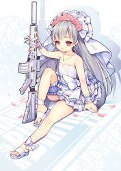 Rule 34 | 1girl, :d, ao jun, arm up, bare shoulders, blush, closers, dress, fingernails, flower, gun, hair flower, hair ornament, holding, holding gun, holding weapon, jewelry, long hair, looking at viewer, open mouth, pendant, petals, pink flower, pink rose, red eyes, rose, sandals, scope, silver hair, sitting, smile, solo, strapless, strapless dress, tina (closers), toenails, very long hair, weapon, weapon request, white dress, white footwear, wrist cuffs