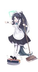 Rule 34 | &lt;key&gt; (robot) (blue archive), 1girl, absurdly long hair, absurdres, apron, aris (blue archive), aris (maid) (blue archive), black hair, blue archive, blue eyes, full body, halo, highres, holding, holding mop, long hair, maid, maid apron, maid headdress, mop, official alternate costume, official alternate hairstyle, pantyhose, pointing, ponytail, robotic vacuum cleaner, simple background, solo, twople, very long hair, white background, white pantyhose