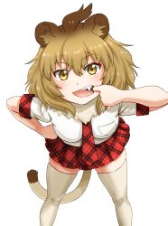 Rule 34 | 10s, 1girl, animal ears, bad id, bad pixiv id, bent over, blush, breasts, brown hair, eyebrows, fang, finger in own mouth, fur collar, gradient hair, hair between eyes, hand on own hip, highres, kemono friends, legs apart, light brown hair, lion (kemono friends), lion ears, lion tail, looking at viewer, miniskirt, multicolored hair, necktie, plaid, plaid skirt, pleated skirt, pocket, red necktie, red skirt, shirt, short hair, short sleeves, simple background, skindentation, skirt, small breasts, solo, standing, tail, takatsuki nao, teeth, thighhighs, tongue, tsurime, two-tone hair, white background, white shirt, white thighhighs, yellow eyes, zettai ryouiki