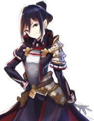 Rule 34 | 1girl, absurdres, black hair, brown eyes, cawang, commentary, gloves, hand on own hip, head tilt, highres, looking at viewer, morag ladair (xenoblade), smirk, solo, white background, white gloves, xenoblade chronicles (series), xenoblade chronicles 2