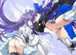 Rule 34 | 10s, 2girls, armor, armored boots, ass, blue eyes, boots, closed mouth, coat, dual persona, fate/extra, fate/extra ccc, fate/grand order, fate/stay night, fate (series), floating hair, frills, from behind, hair ribbon, juliet sleeves, long hair, long sleeves, looking at viewer, looking back, meltryllis (fate), multiple girls, puffy sleeves, purple hair, ribbon, shiny skin, shiosoda, smile, thighhighs, thighs, white coat, white ribbon