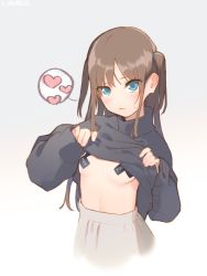 Rule 34 | 1girl, black hair, black sweater, blue eyes, blush, breasts, closed mouth, clothes lift, clothes writing, cropped torso, fuzuki fuuro, grey skirt, heart, long hair, long sleeves, looking at viewer, original, pasties, skirt, small breasts, solo, spoken heart, sweat, sweater, sweater lift, two side up