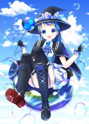 Rule 34 | 1girl, adapted costume, alternate costume, black footwear, black gloves, black hat, black thighhighs, blue dress, blue eyes, blue hair, blue neckwear, blue sky, blush, boots, brooch, bubble, cape, chisamikan, cloud, cloudy sky, cross-laced footwear, day, dress, floating, flying, full body, garter straps, gloves, hat, highres, jewelry, kantai collection, lace-up boots, long hair, looking at viewer, open mouth, samidare (kancolle), shirt, sitting, sky, sleeveless, sleeveless shirt, smile, solo, staff, thighhighs, thighhighs under boots, very long hair, white dress, witch, witch hat