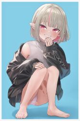 1girl barefoot black_jacket blonde_hair blue_background blush border colored_inner_hair commentary_request feet fingernails full_body grey_shirt grin hand_on_own_knee hand_to_own_mouth highres jacket jewelry knees_up leg_tattoo long_sleeves looking_at_viewer makaino_ririmu multicolored_hair necklace nijisanji no_pants open_clothes open_jacket panties pink_hair pointy_ears sabamen shirt short_hair sleeveless sleeveless_shirt sleeves_past_wrists smile solo squatting tattoo toenails toes turtleneck turtleneck_shirt two-tone_hair underwear virtual_youtuber white_border winged_heart_tattoo zipper zipper_pull_tab