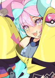 Rule 34 | 1girl, :3, aqua hair, bare shoulders, black jacket, bow-shaped hair, breasts, character hair ornament, creatures (company), eyelashes, game freak, gen 1 pokemon, grey shirt, gym leader, hair ornament, hexagon print, highres, iono (pokemon), jacket, lightning bolt symbol, long sleeves, looking at viewer, love ball, magnemite, matthew. (mat634), medium breasts, multicolored clothes, multicolored hair, multicolored jacket, nintendo, open mouth, oversized clothes, pink eyes, pink hair, poke ball, pokemon, pokemon sv, sharp teeth, shirt, sleeveless, sleeveless shirt, sleeves past fingers, sleeves past wrists, solo, split-color hair, teeth, two-tone hair, two-tone jacket, very long sleeves, wide sleeves, x, yellow jacket