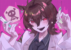 Rule 34 | 1girl, agnes tachyon (umamusume), ahoge, animal ears, black necktie, black shirt, blush, brown hair, coat, collared shirt, commentary request, crazy, crazy smile, earrings, furrowed brow, hair between eyes, hair intakes, half-closed eyes, hands up, heart, heart-shaped pupils, highres, holding, holding syringe, holding test tube, horse ears, horse girl, jewelry, kuroiwa brs, lab coat, long sleeves, looking at viewer, medium hair, necktie, open clothes, open coat, open mouth, pink background, pink eyes, raised eyebrows, shirt, single earring, skull and crossbones, smile, solo, speech bubble, spoken symbol, sweat, symbol-shaped pupils, syringe, test tube, umamusume, upper body