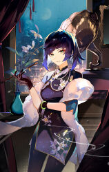 Rule 34 | 1girl, absurdres, alternate costume, arm under breasts, black gloves, black pantyhose, blue hair, bracelet, chinese clothes, commentary request, cowboy shot, crackingtaro, curtains, diagonal bangs, floral print, flower, flower pot, genshin impact, gloves, green eyes, hand up, highres, holding, holding smoking pipe, indoors, jewelry, looking at viewer, necklace, pantyhose, pearl necklace, phonograph, scarf, short hair, short sleeves, smile, smoking pipe, solo, standing, white flower, white scarf, yelan (genshin impact)