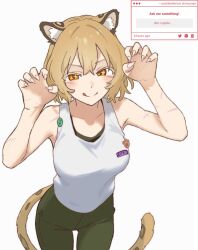 1girl animal_ear_fluff blonde_hair breasts cheetah_ears cheetah_tail claw_pose cowboy_shot don_quixote_(project_moon) fingernails green_pants hands_up highres limbus_company looking_at_viewer medium_breasts pants past_desiderium project_moon request_inset sharp_fingernails shirt sleeveless sleeveless_shirt solo white_shirt yellow_eyes