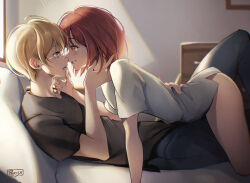 Rule 34 | 1boy, 1girl, absurdres, arima kana, bare legs, bed, black shirt, blonde hair, blue eyes, blue pants, blurry, blurry background, blush, bob cut, commentary, commission, english commentary, eye contact, hand on another&#039;s chin, highres, hoshino aquamarine, indoors, inverted bob, looking at another, naked shirt, no panties, on bed, oshi no ko, pants, parisa reaz, pillow, red eyes, red hair, shirt, short hair, smile, sunlight, white shirt