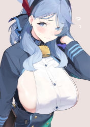 Rule 34 | 1girl, ako (blue archive), bell, black headband, blue archive, blue eyes, blue hair, blue jacket, blush, breasts, closed mouth, dress, earrings, gloves, half gloves, headband, huge breasts, ikuchan kaoru, jacket, jewelry, long sleeves, looking at viewer, medium hair, neck bell, sideboob, sidelocks, skindentation, smile, solo, white dress