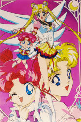 Rule 34 | 1990s (style), 4girls, :d, ;d, bishoujo senshi sailor moon, blonde hair, blue eyes, blue sailor collar, blue skirt, boots, bow, brooch, chibi chibi, choker, crescent, crescent facial mark, double bun, drill hair, dual persona, elbow gloves, eternal sailor moon, facial mark, forehead mark, full body, gloves, hair bun, hair ornament, heart, heart brooch, heart choker, heart hair bun, highres, jewelry, knee boots, layered skirt, long hair, looking at viewer, multiple girls, official art, one eye closed, open mouth, puffy sleeves, purple background, red bow, red choker, red hair, retro artstyle, sailor chibi chibi, sailor collar, sailor moon, sailor senshi, sailor senshi uniform, shitajiki, short hair, skirt, smile, standing, tamegai katsumi, tsukino usagi, twin drills, twintails, white footwear, white gloves, white wings, wing brooch, wings