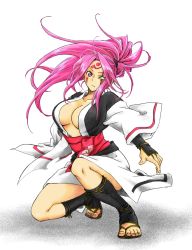 Rule 34 | 1girl, ahomira, arc system works, armor, baiken, breasts, cleavage, guilty gear, japanese armor, japanese clothes, kimono, kneeling, kote, large breasts, leg warmers, long hair, obi, one-eyed, open clothes, open kimono, pink eyes, pink hair, ponytail, sandals, sash, scar, scar across eye, scar on face, solo, tattoo, toeless legwear, toes