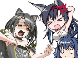 Rule 34 | &gt; &lt;, 3girls, anger vein, animal ear fluff, animal ears, arknights, astesia (arknights), bare shoulders, black choker, black hair, blaze (arknights), blue hair, breasts, cat ears, choker, cleavage, commentary request, crying, crying with eyes open, dress, grey dress, hairband, highres, large breasts, mandragora (arknights), multiple girls, o o, open mouth, red hairband, short hair, simple background, smile, strapless, strapless dress, tears, upper body, white background, yellow eyes, yukinoshiro