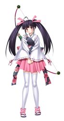 Rule 34 | arrow (projectile), bow (weapon), game cg, holding, holding weapon, japanese clothes, kimono, lilith-soft, lowres, pink ribbon, purple eyes, purple hair, ribbon, sandals, sengoku makan, socks and sandals, sword, twintails, weapon, white background, yoshikage asakura (sengoku makan)