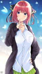 Rule 34 | 1girl, akino ell, black cardigan, black ribbon, blue eyes, blunt bangs, blush, breasts, bug, butterfly, buttons, cardigan, closed mouth, collarbone, collared shirt, cowboy shot, go-toubun no hanayome, green skirt, hair ornament, hair ribbon, hand on own hip, hand up, highres, insect, large breasts, long sleeves, looking at viewer, multicolored nails, nail polish, nakano nino, open cardigan, open clothes, red hair, ribbon, shirt, short hair, skirt, smile, solo, upper body, white shirt
