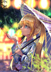 Rule 34 | 1girl, absurdres, alternate costume, blonde hair, blue eyes, blue kimono, blurry, blurry background, blush, closed mouth, commentary request, depth of field, eyelashes, eyes visible through hair, flat chest, from side, hair between eyes, hand up, heterochromia, highres, holding, holding umbrella, ikumi (1 9 3), japanese clothes, kimono, lantern, leaf print, long hair, long sleeves, looking up, nakatsu shizuru, nose, oil-paper umbrella, outdoors, profile, rain, rewrite, smile, solo, straight hair, summer festival, twintails, umbrella, very long hair, wide sleeves, yellow eyes, yukata