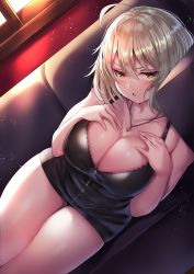Rule 34 | 1girl, ahoge, bare shoulders, black dress, blush, breasts, cleavage, collarbone, couch, dress, fate/grand order, fate (series), hair between eyes, hands on own chest, highres, jeanne d&#039;arc (fate), jeanne d&#039;arc alter (fate), jeanne d&#039;arc alter (ver. shinjuku 1999) (fate), jewelry, large breasts, looking at viewer, lying, nano (syoutamho), necklace, official alternate costume, on side, open mouth, short dress, short hair, silver hair, solo, thighs, wicked dragon witch ver. shinjuku 1999, yellow eyes