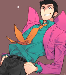 Rule 34 | 1boy, arsene lupin iii, bad id, bad pixiv id, belt, formal, grin, hands in pockets, jacket, looking at viewer, lupin iii, male focus, necktie, orange necktie, pink jacket, sideburns, signature, smile, solo, star (symbol), suit, tms entertainment, toujou sakana