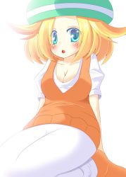 Rule 34 | 1girl, bianca (pokemon), blonde hair, blue eyes, blush, breasts, cleavage, creatures (company), female focus, game freak, hat, nintendo, open mouth, pokemon, simple background, skirt, solo, white background