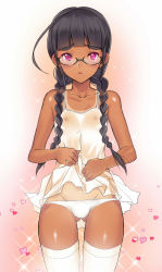 Rule 34 | 1boy, braid, bulge, clothes lift, coin rand, crossdressing, dress, dress lift, glasses, hair over shoulder, highres, male focus, original, see-through, solo, tan, tears, thighhighs, trap, twin braids, twintails