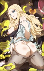 1girl ansatsu_kyoushitsu ass blonde_hair blue_eyes breasts butt_crack highres indoors irina_jelavic koro-sensei long_hair looking_at_viewer looking_back multiple_boys nipples orphen_(pink_seito) smile twitter_username