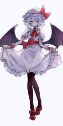 Rule 34 | 1girl, absurdres, ascot, bat wings, closed mouth, clothes lift, commentary request, dress, dress lift, full body, grey hair, hat, hat ribbon, highres, lifting own clothes, looking at viewer, mob cap, red ascot, red eyes, red footwear, red ribbon, remilia scarlet, ribbon, short hair, short sleeves, simple background, solo, tadano1129, touhou, white dress, white hat, wings, wrist cuffs
