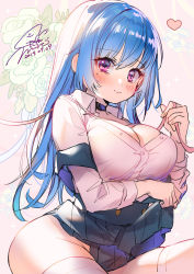 Rule 34 | 1girl, absurdres, black skirt, blue hair, blush, breasts, buttons, cleavage, closed mouth, clothes lift, dated, double-breasted, geshumaro, heart, highres, large breasts, long hair, looking at viewer, mole, mole under eye, off shoulder, original, pink eyes, pink shirt, school uniform, shirt, signature, sitting, skirt, skirt lift, smile, solo, suspender skirt, suspenders, thighhighs, white thighhighs