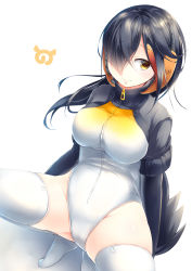 Rule 34 | 1girl, absurdres, black hair, commentary request, hair over one eye, headphones, highres, kanzakietc, kemono friends, king penguin (kemono friends), leotard, long sleeves, multicolored hair, no shoes, penguin tail, red hair, short hair, simple background, solo, spread legs, squatting, streaked hair, tail, thighhighs, white background, white thighhighs, yellow eyes