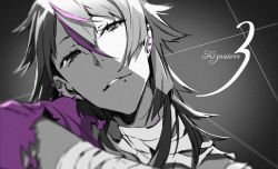 Rule 34 | 10s, 1boy, bandages, copyright name, ear piercing, highres, hisomu yoshiharu, kiznaiver, lip piercing, looking at viewer, male focus, monochrome, multicolored hair, parted lips, piercing, solo, spot color, streaked hair, torn clothes, upper body, yoneyama mai