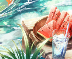 Rule 34 | cluseller, cropped, cup, day, drink, drinking glass, drinking straw, food, food focus, fruit, highres, ice, ice cube, light particles, no humans, original, outdoors, pier, plant, plate, still life, water, watermelon, watermelon seeds, watermelon slice, wood