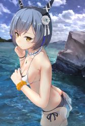 Rule 34 | 1girl, ass, azur lane, bad id, bad pixiv id, bare shoulders, bikini, blue hair, breasts, choker, cleavage, collarbone, cross, cross necklace, day, flower, gascogne (azur lane), gascogne (tropical environs acclimation service equipment) (azur lane), gascogne (tropical environs acclimation service equipment) (azur lane), hair flower, hair ornament, headgear, highres, jewelry, looking at viewer, medium breasts, navel, necklace, outdoors, ponyaru, scrunchie, short hair, solo, swimsuit, wading, white bikini, wrist scrunchie, yellow eyes