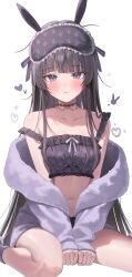 Rule 34 | 1girl, absurdres, animal ears, animal print, black eyes, black hair, blunt bangs, blush, breasts, choker, closed mouth, commentary, eyewear on head, fake animal ears, frown, highres, lace, lace choker, long hair, long sleeves, looking at viewer, nijisanji, off shoulder, own hands together, rabbit print, salty gana, simple background, sitting, sleep mask, sleepwear, small breasts, solo, stomach, strap slip, symbol-only commentary, tsukino mito, virtual youtuber, wariza, white background