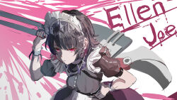 1girl aoiromya black_dress black_hair breasts candy character_name collar dress ellen_joe food highres lollipop looking_at_viewer maid maid_headdress medium_hair mole mole_under_eye red_eyes solo spiked_collar spikes zenless_zone_zero