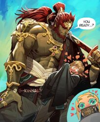 Rule 34 | 1girl, 2boys, abs, absurdres, artist name, baggy pants, beard, biceps, blonde hair, blood, blue sky, cape, colored skin, crown, earrings, facial hair, ganondorf, green skin, heart, heart-shaped pupils, highres, holding, holding sword, holding weapon, implied bisexual, japanese clothes, jewelry, katana, kimono, large pectorals, link, long hair, looking to the side, multiple boys, muscular, muscular male, nervous, nintendo, nipples, nosebleed, pants, pectorals, pointy ears, ponytail, princess zelda, red eyes, red hair, ring, sara kinnaly, sheikah slate, short hair, sky, smirk, speech bubble, sword, symbol-shaped pupils, the legend of zelda, the legend of zelda: tears of the kingdom, thick arms, thick eyebrows, trembling, twitter username, weapon