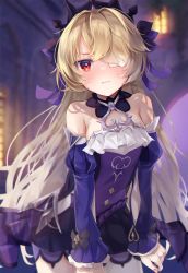 Rule 34 | 1girl, absurdres, bare shoulders, blonde hair, blurry, blurry background, blush, breasts, choker, detached sleeves, dress, eyepatch, fischl (ein immernachtstraum) (genshin impact), fischl (genshin impact), frills, fuyoyo, genshin impact, hair over one eye, highres, juliet sleeves, leaning forward, long hair, long sleeves, looking at viewer, official alternate costume, pout, puffy long sleeves, puffy sleeves, purple dress, purple sleeves, red eyes, sleeveless, sleeveless dress, small breasts, solo, tiara