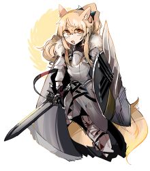 Rule 34 | 1girl, absurdres, animal ear fluff, animal ears, arknights, armor, blemishine (arknights), blonde hair, full body, highres, holding, holding sword, holding weapon, horse ears, horse girl, long hair, looking at viewer, odmised, open mouth, orange eyes, ponytail, simple background, solo, sword, weapon, white background