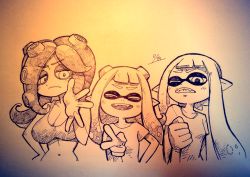 Rule 34 | 3girls, bad id, bad twitter id, breasts, clenched hand, closed eyes, dated, female focus, gradient background, if they mated, inkling, inkling girl, inkling player character, large breasts, monochrome, multiple girls, nintendo, octoling, one eye closed, open hand, shirt, smile, sneer, splatoon (series), splatoon 1, t-shirt, takozonesu, tank top, tentacle hair, v, yuri, yuta agc