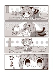 Rule 34 | 0 0, 1girl, 4koma, :3, ?, animal ears, cat ears, cat tail, chen, comic, crayon, drawing, earrings, hat, highres, ibaraki natou, jewelry, long sleeves, lying, mob cap, monochrome, multiple tails, nekomata, on stomach, short hair, single earring, solo, tail, touhou, translation request, two tails